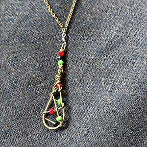 Handcrafted Brass Teardrop Pendant Necklace with Red, Green and Black Beads
